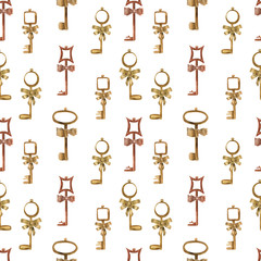 Key vintage watercolor bronze and gold on a white background seamless pattern for design and decoration personal diary