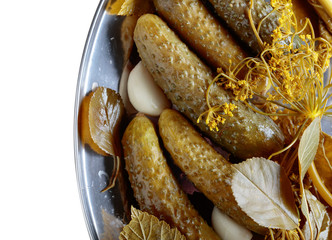 Homemade pickled cucumbers in brine.