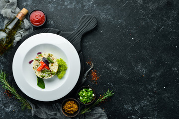 Risotto. Rice with vegetables in a plate. Top view. Free space for your text.