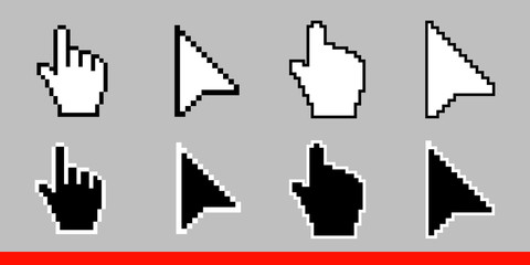 Black and white arrow pixel and pixel mouse hand cursors icon vector illustration set flat style design isolated on white background.