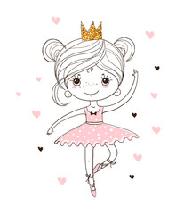 Cute little ballerina in tutu and pointe shoes. The princess girl is dancing in a pink dress. A beautiful linear poster about the ballet for the nursery. Doodle vector illustration. © Salomi art