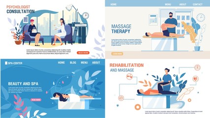 Fototapeta na wymiar Body Mental Therapy and Rehabilitation Services Set. Flat Landing Page for Professional Recovery Massage, Medical Consultation, Psychologist Counseling, Beauty and Spa Services. Vector Illustration