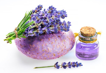 Bunch of lavandula, lavender essential oil and soap on white background.