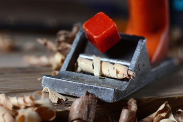 carpenter's tool close-up on a table with shavings
