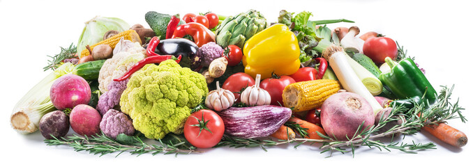 Group of colorful vegetables on white background. Close-up.