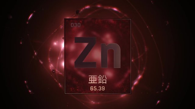 Zinc as Element 30 of the Periodic Table. Seamlessly looping 3D animation on red illuminated atom design background with orbiting electrons. Design shows name, atomic weight and element number