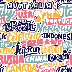 Lettering hand drawn seamless pattern with countries. Vector travel background.