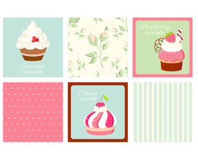 Set of vintage square cards with cupcakes and roses