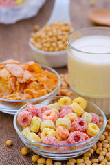 Cereal flakes in bowl with copy space,Breakfast concept.Food with delicious fruity taste and fruity colours.It's made with maize,wheat,and barley