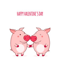 Valentine's day card with cute pigs