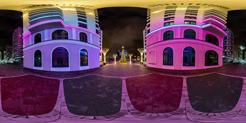 full seamless spherical hdri night panorama 360 of arch between multistory buildings of residential elite quarter with neon in equirectangular projection, AR VR content