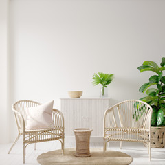 Home interior background with wicker furniture and decor, empty white wall mockup, 3d render