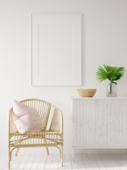 Mock up frame in home interior with rattan furniture, Scandi-boho style, 3d render