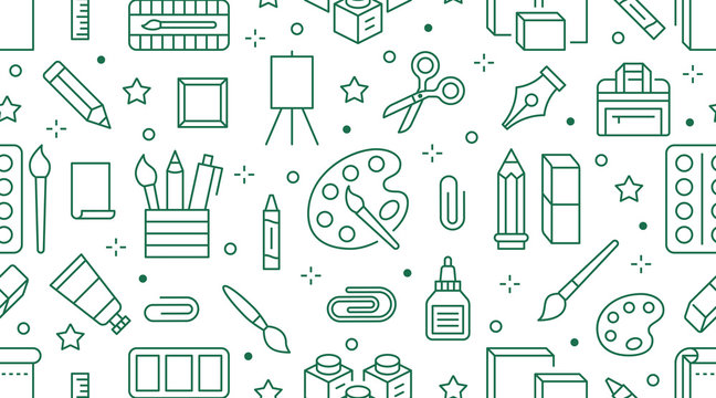Stationery background, school tools seamless pattern. Art education wallpaper with line icons of pencil, pen, paintbrush, palette, notebook. Painter supplies vector illustration green white color