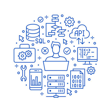 Software development circle poster with flat line icons. Programming language flyer, application, api, computer tester, program develop vector illustration. Outline concept for brochure design