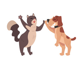 Funny Cat and Dog Together Giving High Five to Each Other, Happy Pets Animals Characters are Best Friends Vector illustration