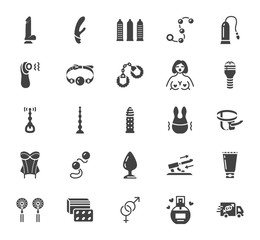 Sex shop flat glyph icons set. Adult toys, vibrator, dildo, bdsm handcuffs, perfume with pheromones, stimulant vector illustrations. Black signs for sexshop. Silhouette pictogram pixel perfect 64x64