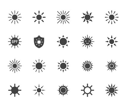 Sun flat glyph icons set. Sunshine, sunny day, summer heat, morning sunlight, hot weather vector illustrations. Black signs for uv protection. Silhouette pictogram pixel perfect 64x64