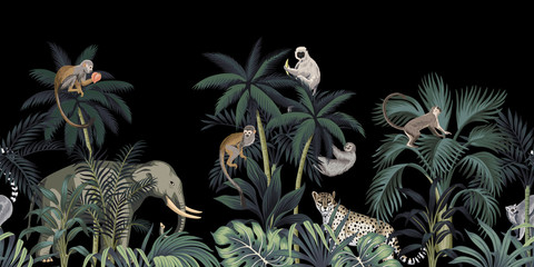 Tropical night vintage wild animals elephant, monkey, sloth, palm tree, palm leaves and plant floral seamless border black background. Exotic jungle wallpaper.