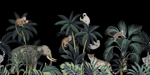Wall murals Vintage botanical landscape Tropical night vintage wild animals elephant, monkey, sloth, palm tree, palm leaves and plant floral seamless border black background. Exotic jungle wallpaper.
