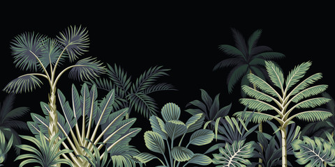 Tropical night vintage palm tree, banana tree and plant floral seamless border black background. Exotic dark jungle wallpaper.