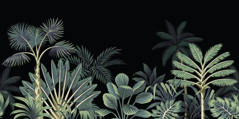 Keuken foto achterwand Vintage botanisch landschap Tropische nacht vintage palmboom, bananenboom en plant bloemen naadloze grens zwarte achtergrond. Exotisch donker junglebehang.