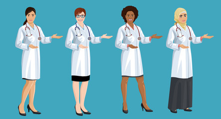 Women doctors standing half turn and pointing by hand. Asian, European, African American and Arab female doctor. Set of isolated vector illustrations.