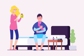 Sick man. Flu infection, cold male and woman with treatment. Ill person sitting on bed and suffer from winter sickness. Influenza vector illustration. Sick man, disease and unwell guy with thermometer