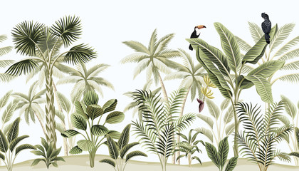 Paysage botanique vintage tropical, palmier, bananier, plante, perroquet noir, fond bleu frontière transparente floral toucan. Papier peint animal exotique de la jungle verte.