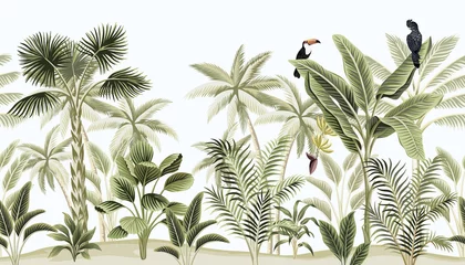 Fotobehang Vintage botanisch landschap Tropische vintage botanische landschap, palmboom, bananenboom, plant, zwarte papegaai, toekan bloemen naadloze grens blauwe achtergrond. Exotisch groen jungle dierenbehang.