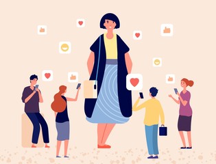 Body positive concept. Tiny people like plus size woman. Obese happy girl vector character. Woman like in social, successful girl illustration