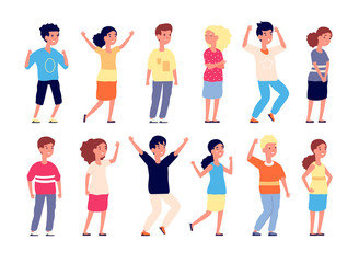 Fototapeta premium Emotional kids. Children faces expression, emotion kid. Group of teens laugh, cry and joy. Vector isolated little girls and boys characters. Illustration feeling confused or angry, cheerful and laugh