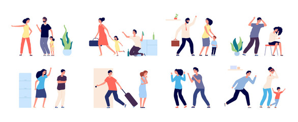 Family abuse. Angry people scolding, fight and suffering. Quarrel and violence, disregard feelings. Conflict relationships vector concept. Illustration woman and man quarrel, wife and husband with kid