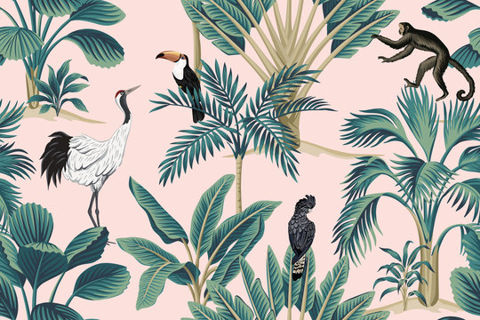 Tropical vintage botanical wild animal crane, parrot, toucan, monkey floral palm tree seamless pattern pink background. Exotic jungle wallpaper.