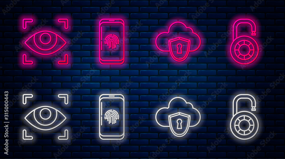 Poster set line smartphone with fingerprint scanner , cloud and shield, eye scan and safe combination lock 