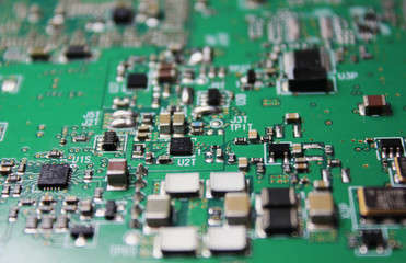 Closeup of electronic circuit board or PCB printed circuit board