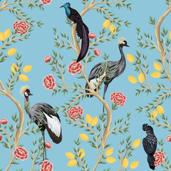 Vintage garden lemon fruit tree, rose tree, exotic bird, crane, parrot floral seamless pattern blue background. Exotic chinoiserie wallpaper. - 315000416