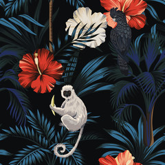 Tropical vintage Hawaiian night, dark palm trees, black parrot, lemur, palm leaves, hibiscus flower floral seamless pattern black background. Exotic jungle wallpaper