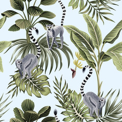 Tropical vintage animal lemur, palm trees, banana tree, palm leaves floral seamless pattern blue background. Exotic jungle wallpaper. © good_mood