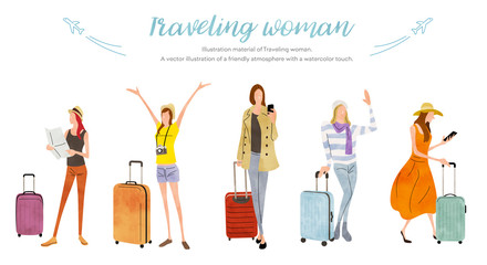 Illustration material: woman, travel, vacation, set