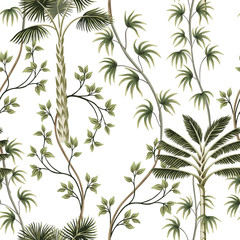 Tropical vintage palm trees, liana floral seamless pattern white background. Exotic jungle wallpaper.