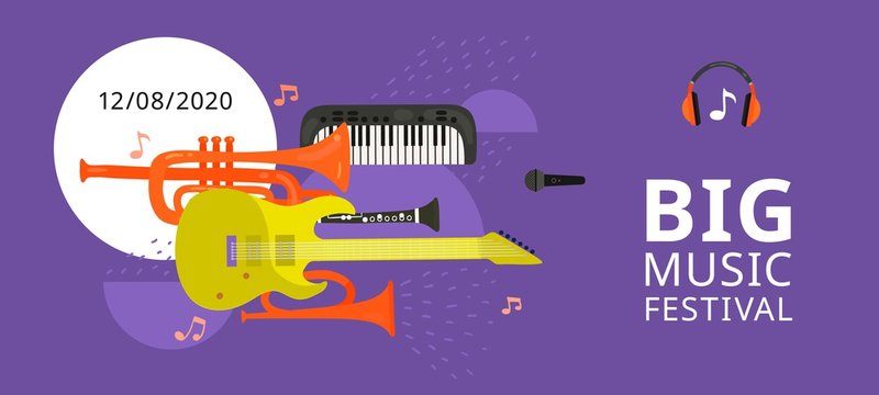 Music festival. Musical concert, events flyer. Colour digital web banner with guitar and piano. Summer jazz entertainment vector background. Piano and musical instrument fest illustration