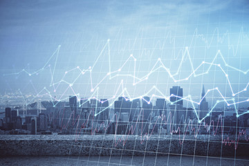 Forex graph on city view with skyscrapers background multi exposure. Financial analysis concept.