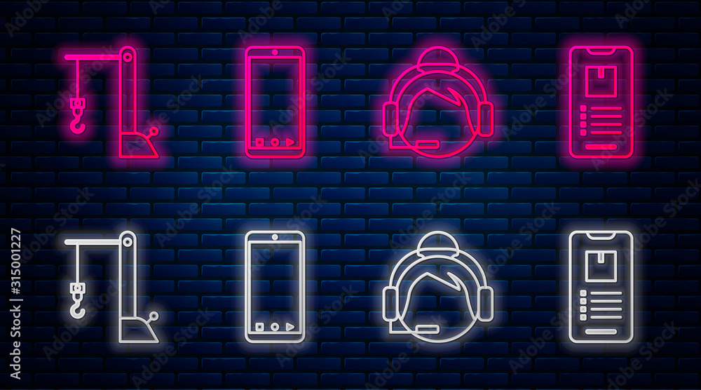Poster set line mobile phone with app delivery tracking, support operator in touch, harbor port crane and m