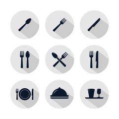 Restaurant icon set isolated on grey circle. Restaurant element set