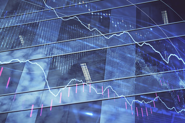 Forex chart on cityscape with tall buildings background multi exposure. Financial research concept.