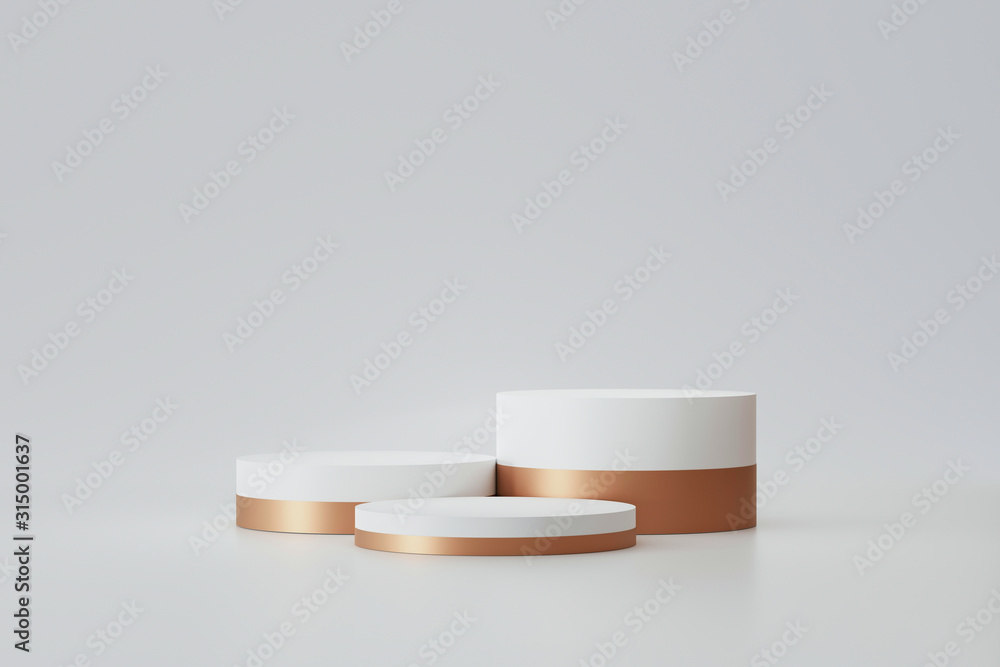 Poster Modern podium or pedestal display with platform concept on white background. Blank shelf stand for showing product. 3D rendering.