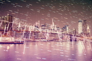 Financial chart on city scape with tall buildings background multi exposure. Analysis concept.