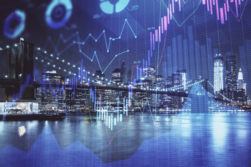 Financial chart on city scape with tall buildings background multi exposure. Analysis concept.