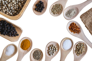 Various spices in wooden spoon with isolated background